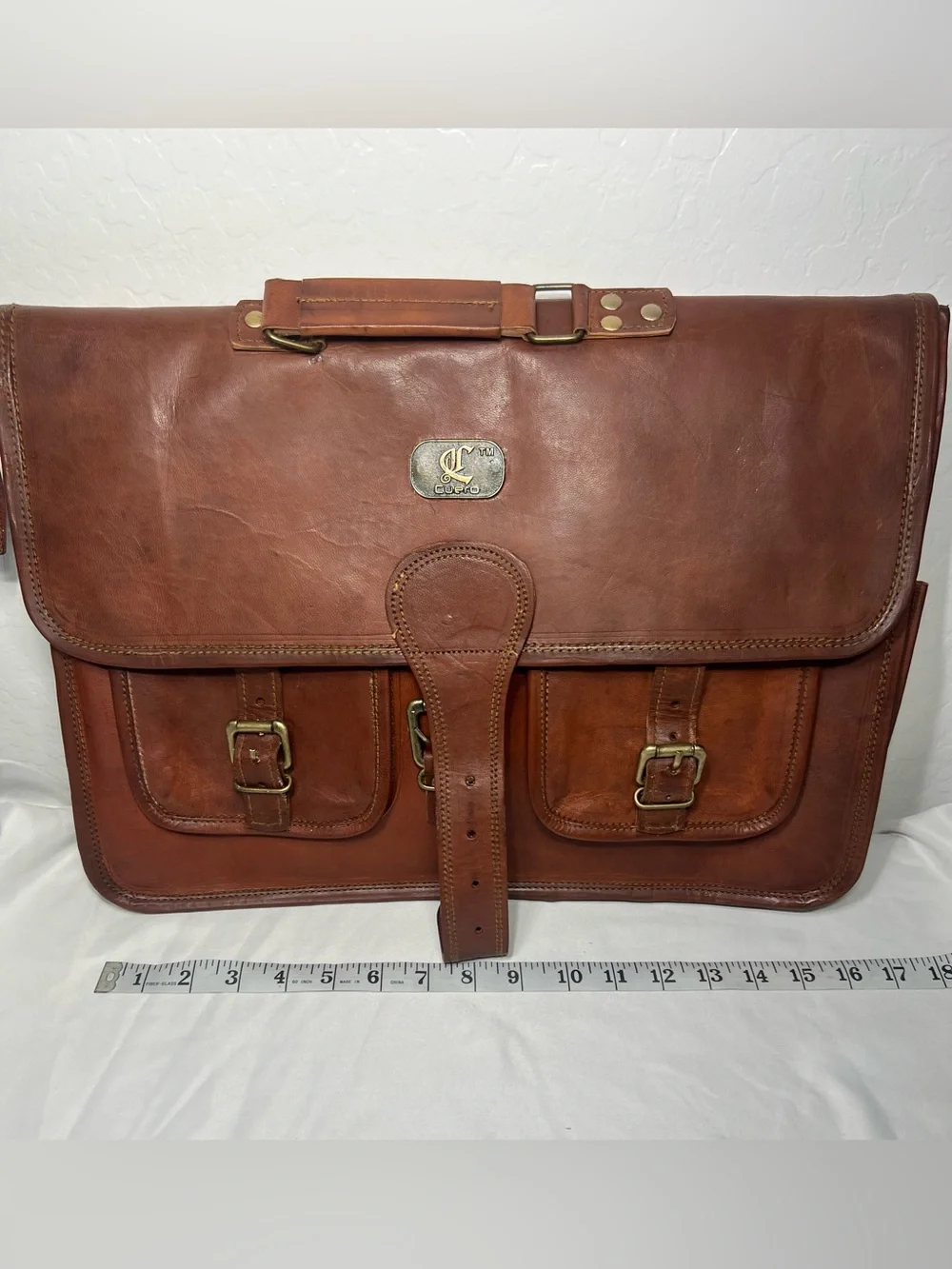 Cuero Genuine Leather Briefcase Messenger Laptop Bag Satchel Brown w/ Strap
